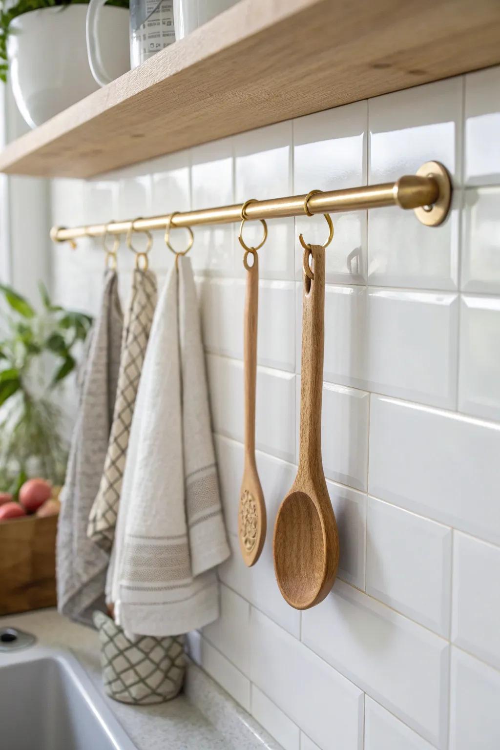 Turn your backsplash into vertical storage with a simple rail—pretty, practical, counter-free.