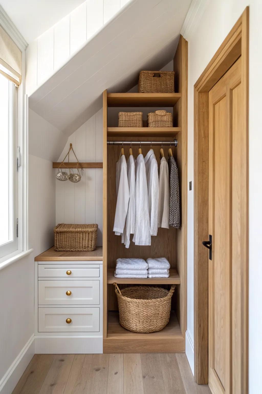 Make a tiny-house nook closet: a short rod and two shelves turn dead space into storage.