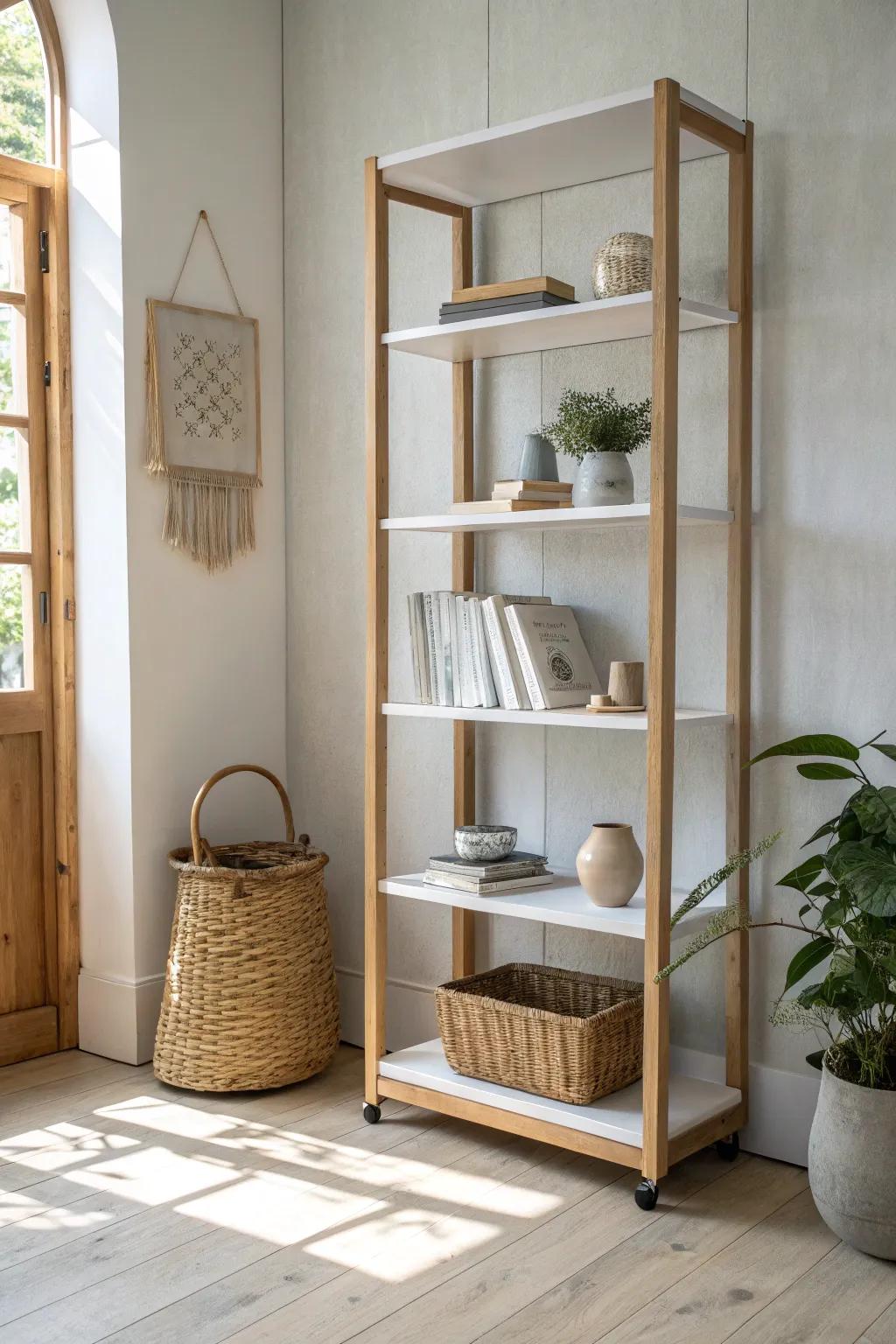 A rolling divider shelf on casters creates instant “rooms” in a tiny house—move it anytime.