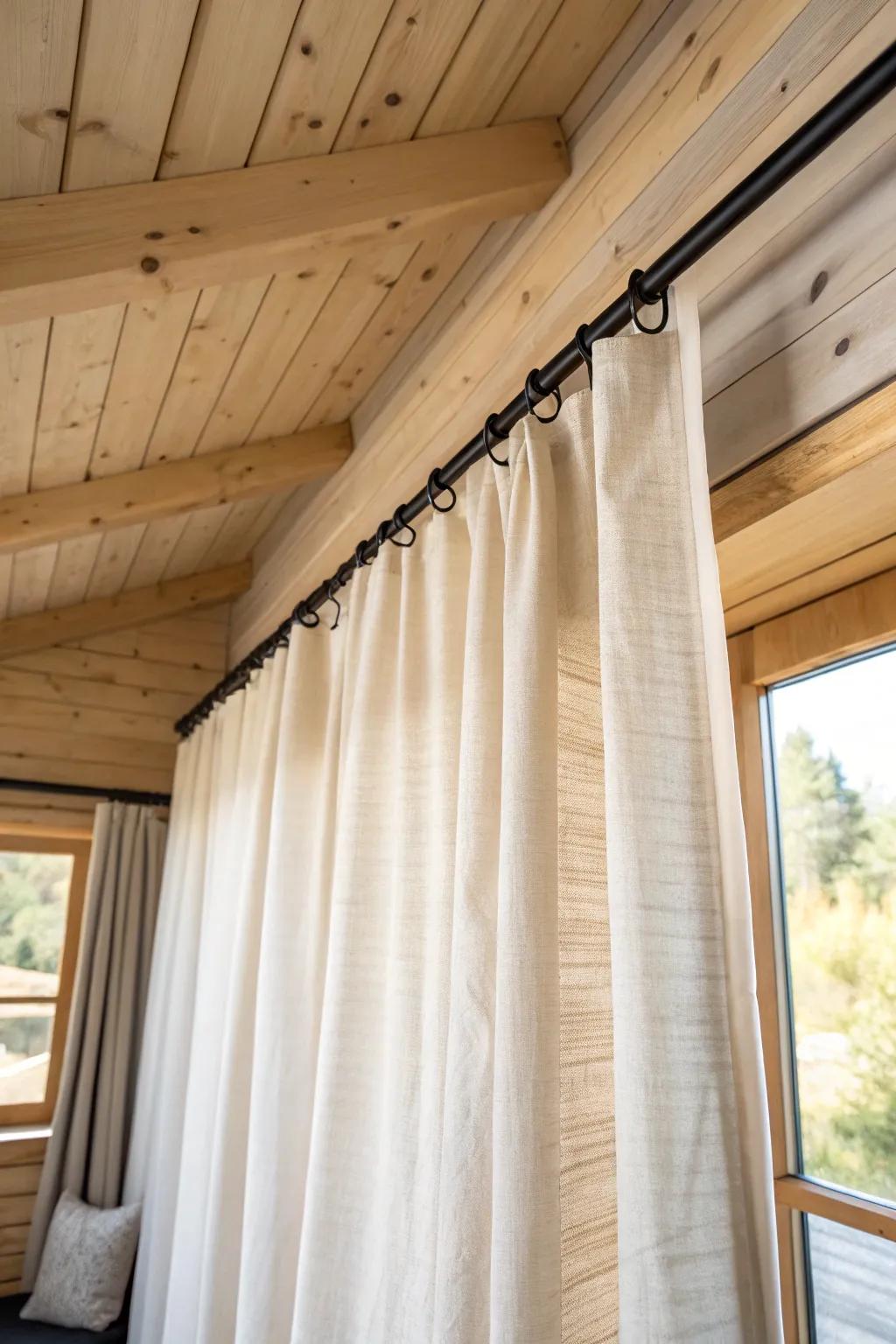 Ceiling curtains add a cozy, flexible room divide—perfect for tiny house nooks and hidden storage.