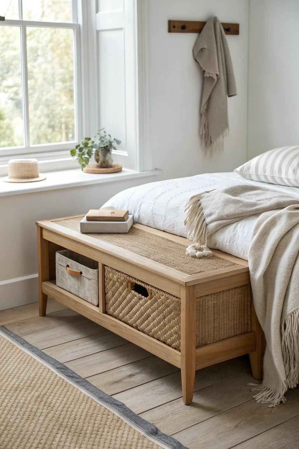 A slim foot-of-bed storage bench adds hidden space in tiny rooms—minimal, warm, and practical.