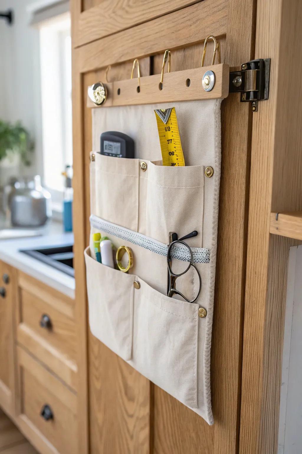 Turn dead cabinet-door space into a chic hidden tool station with hooks and linen pockets.