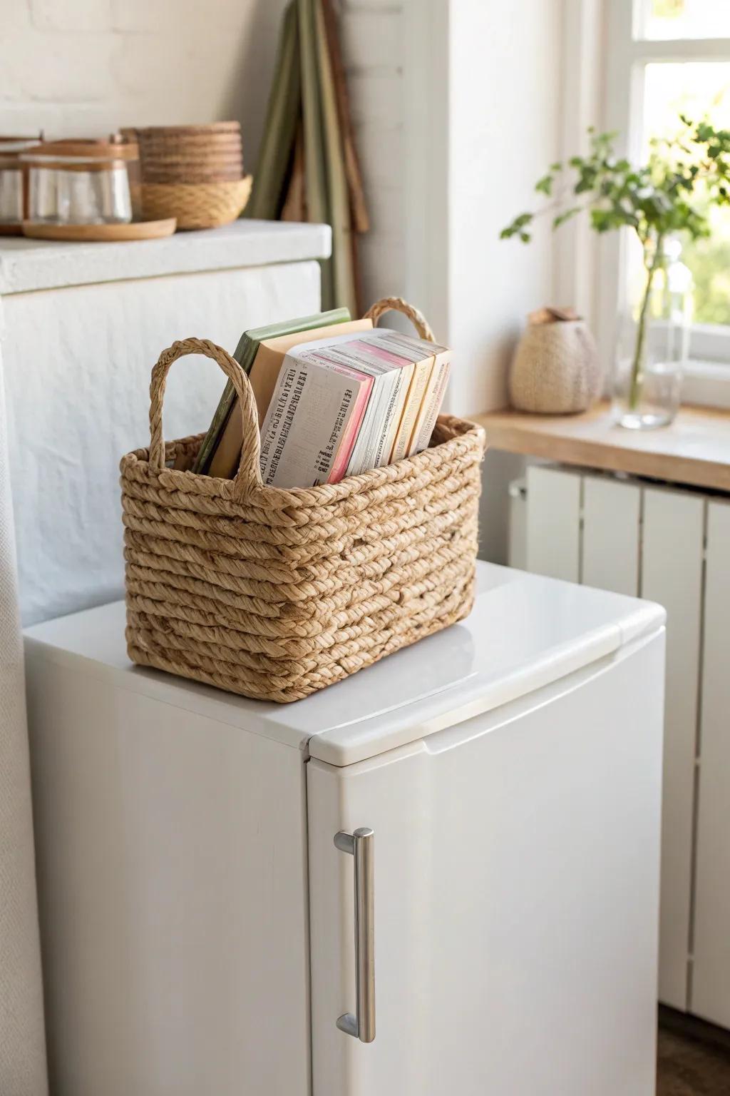 Turn fridge-top clutter into a mini cookbook library with a sleek woven magazine holder.