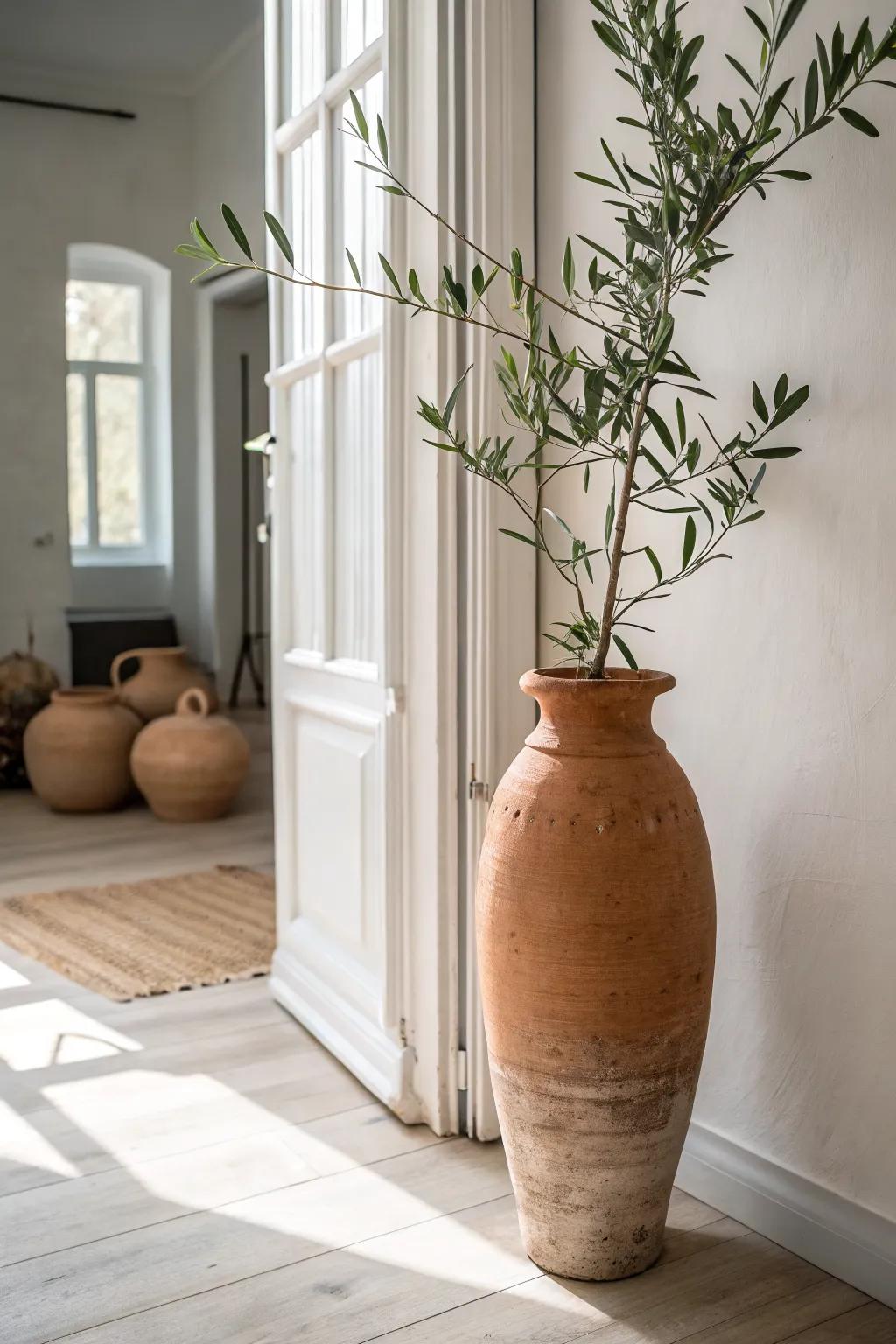 One sculptural branch in a handmade vase brings life to a tiny townhouse entryway.