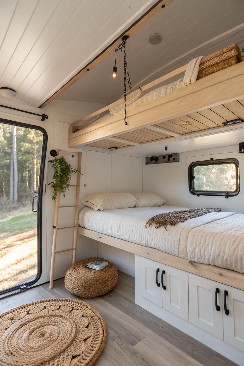 Ceiling drop-down bed raised high—craftsmanship and calm, with lounge space ready beneath.