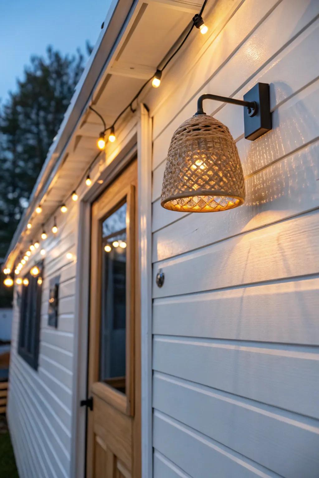 Warm woven sconce light turns a tiny trailer porch into a cozy, welcoming glow at night.