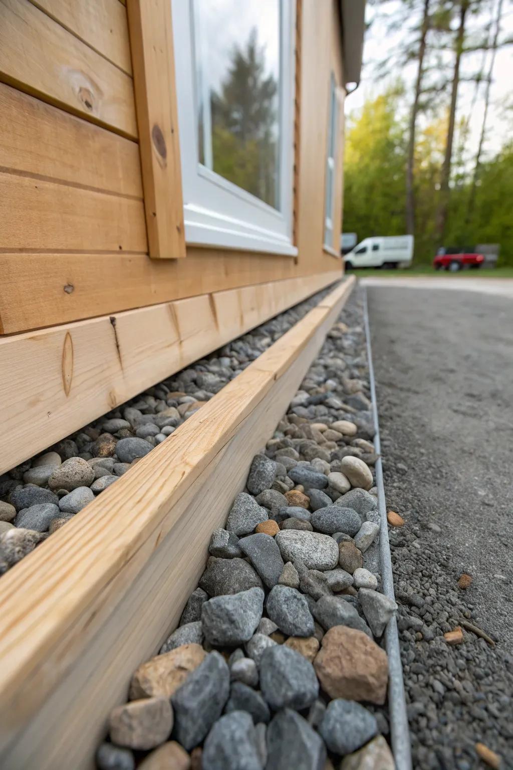 A tidy gravel trench border keeps skirting clean, stops splash-back, and makes trimming easy.
