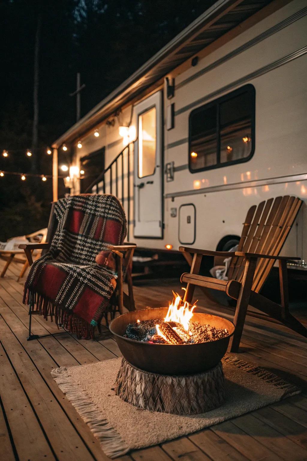 Transform your truck camper porch into a cozy haven with a portable fire pit—where warmth meets craftsmanship.