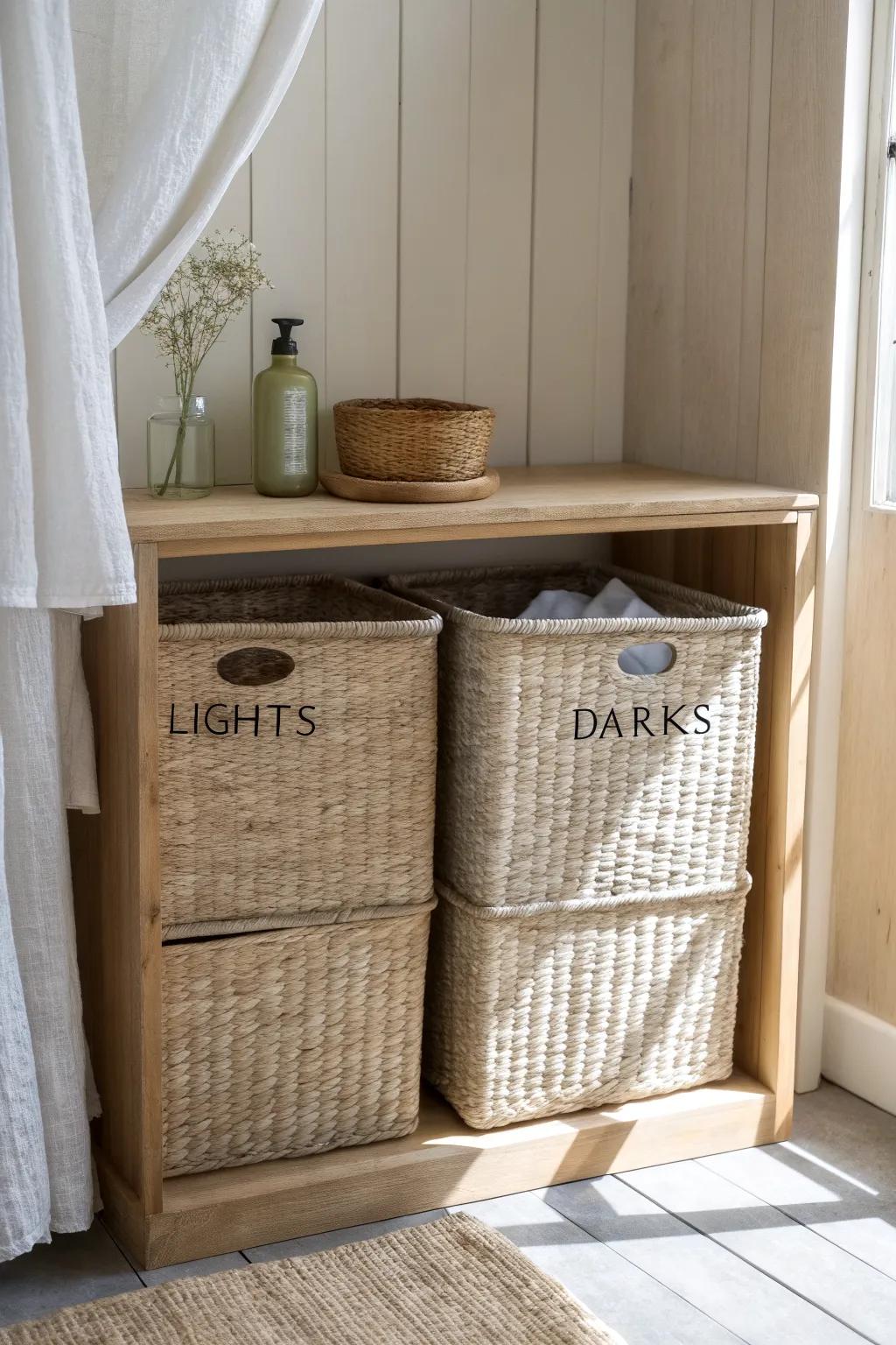 A hidden laundry sorting corner: two hampers + a tiny shelf to stop bedroom clutter fast.