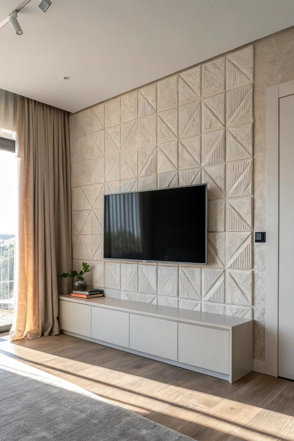 A wall‑mounted TV pops against concrete‑look panels for an instant architectural feature wall.