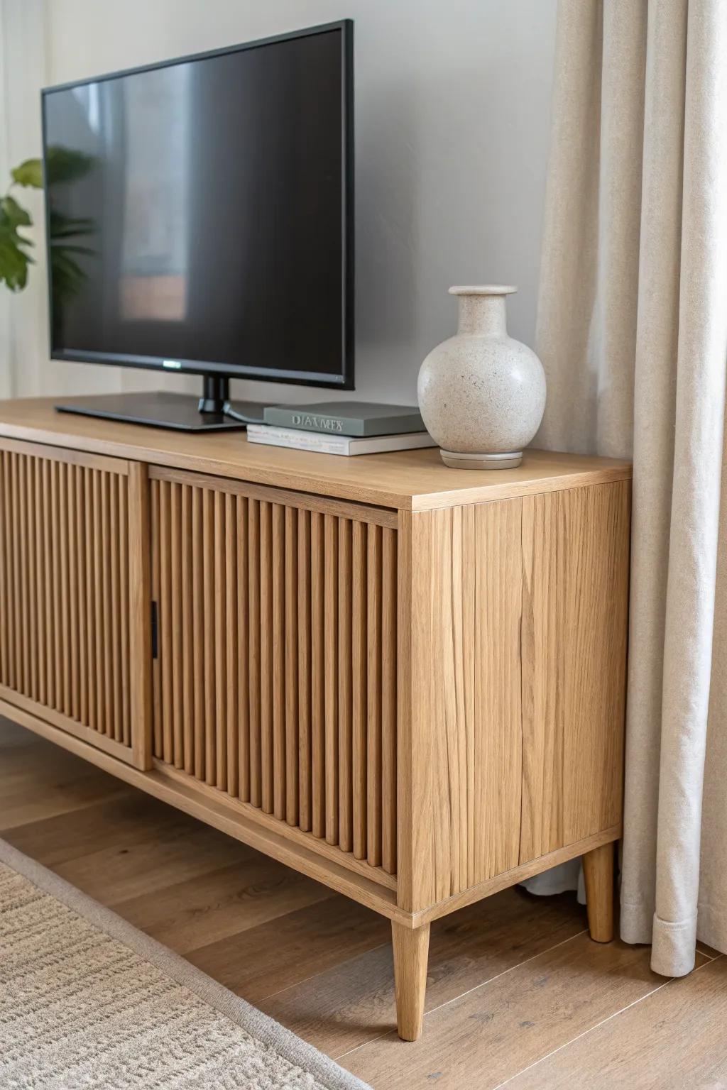 Fluted slat doors transform a basic TV stand into a light-catching, modern statement piece.