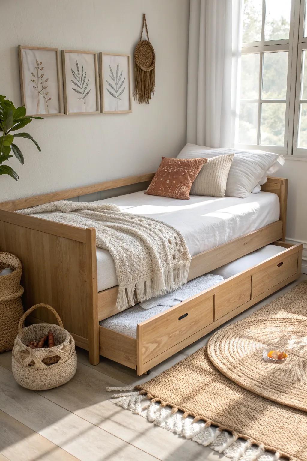 A sleek twin trundle daybed keeps your room airy—then rolls out a second sleeper in seconds.