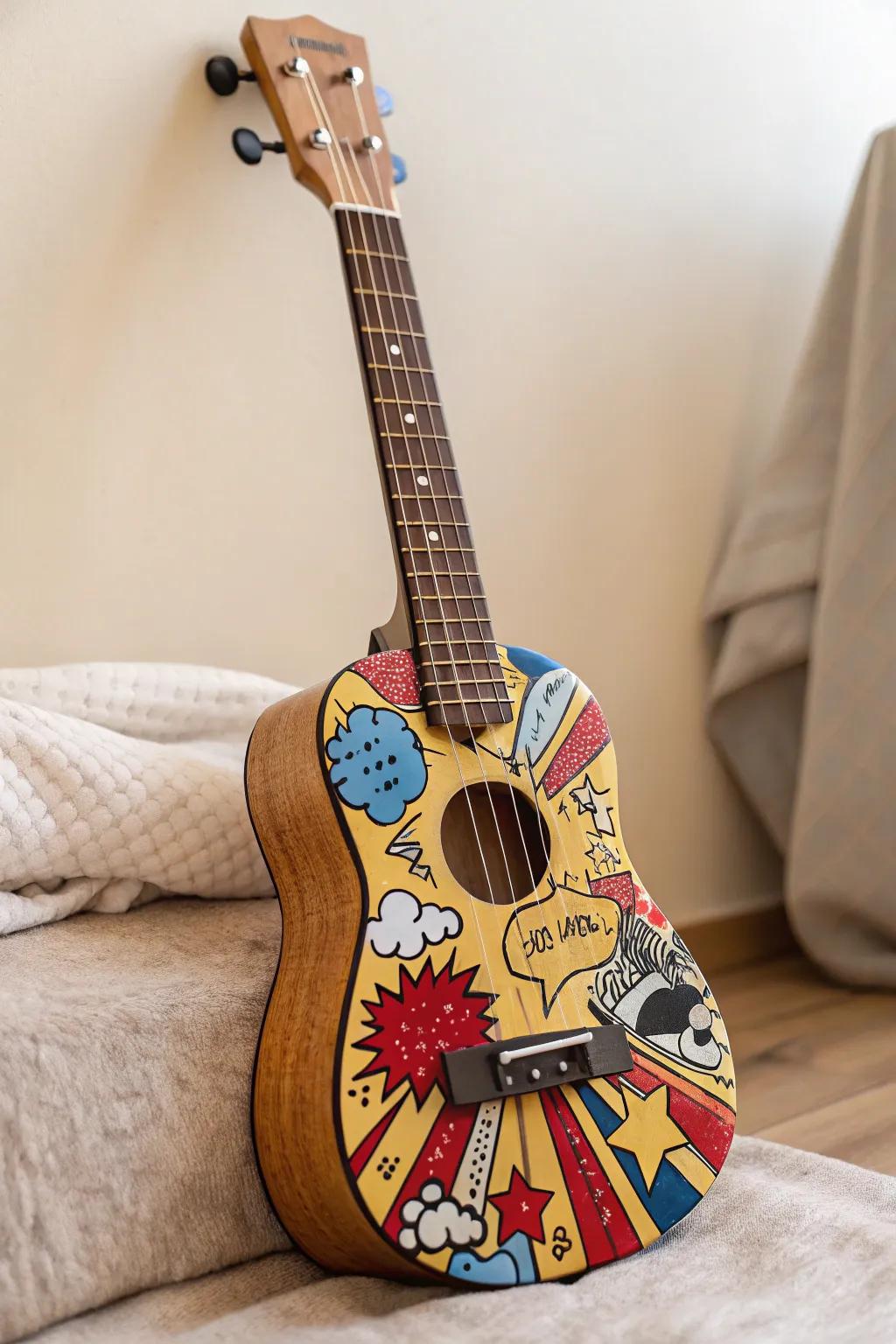 Transform your ukulele into a playful masterpiece with funky pop art designs.