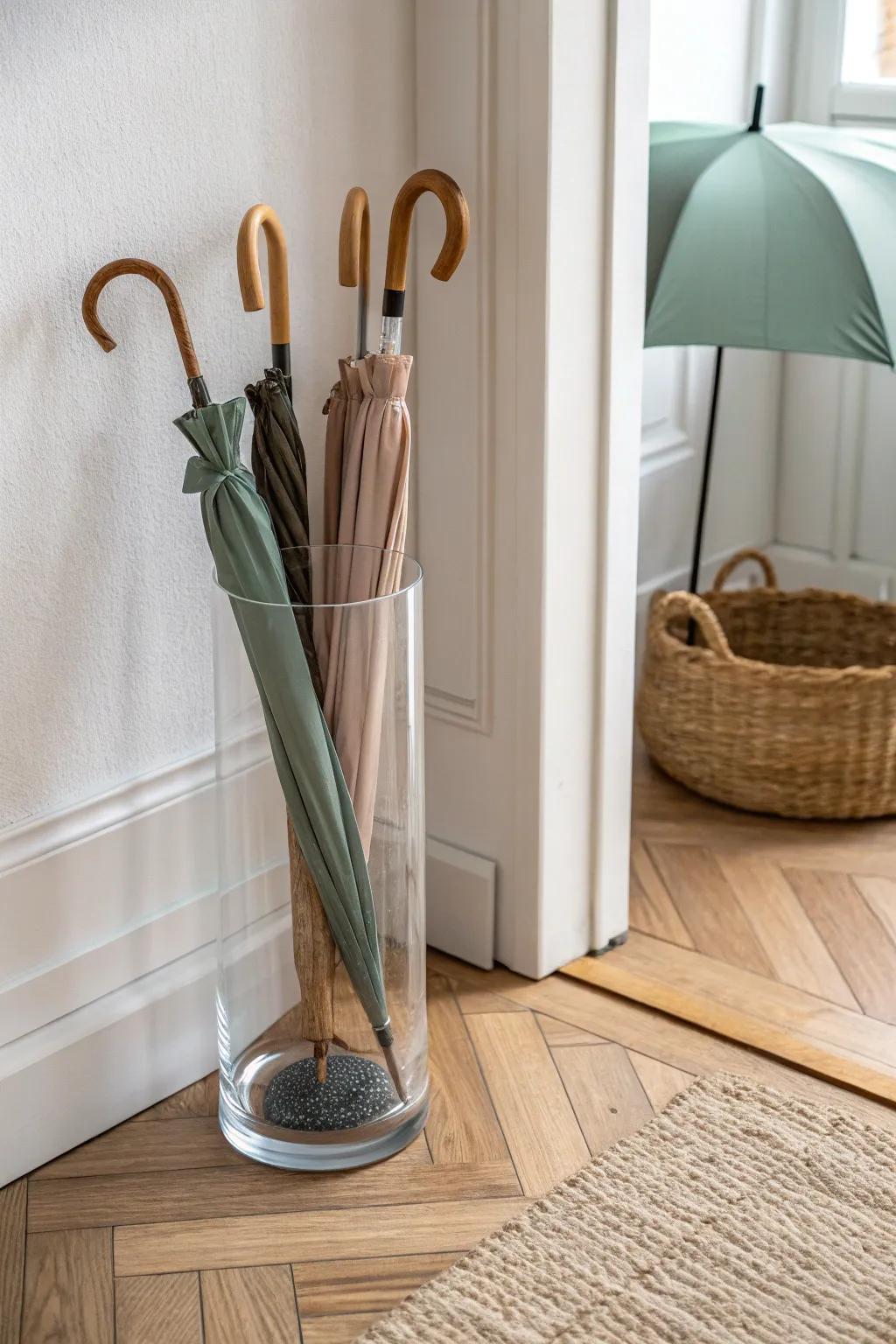 Turn rainy-day umbrellas into decor with a tall clear vase that brightens small entries.