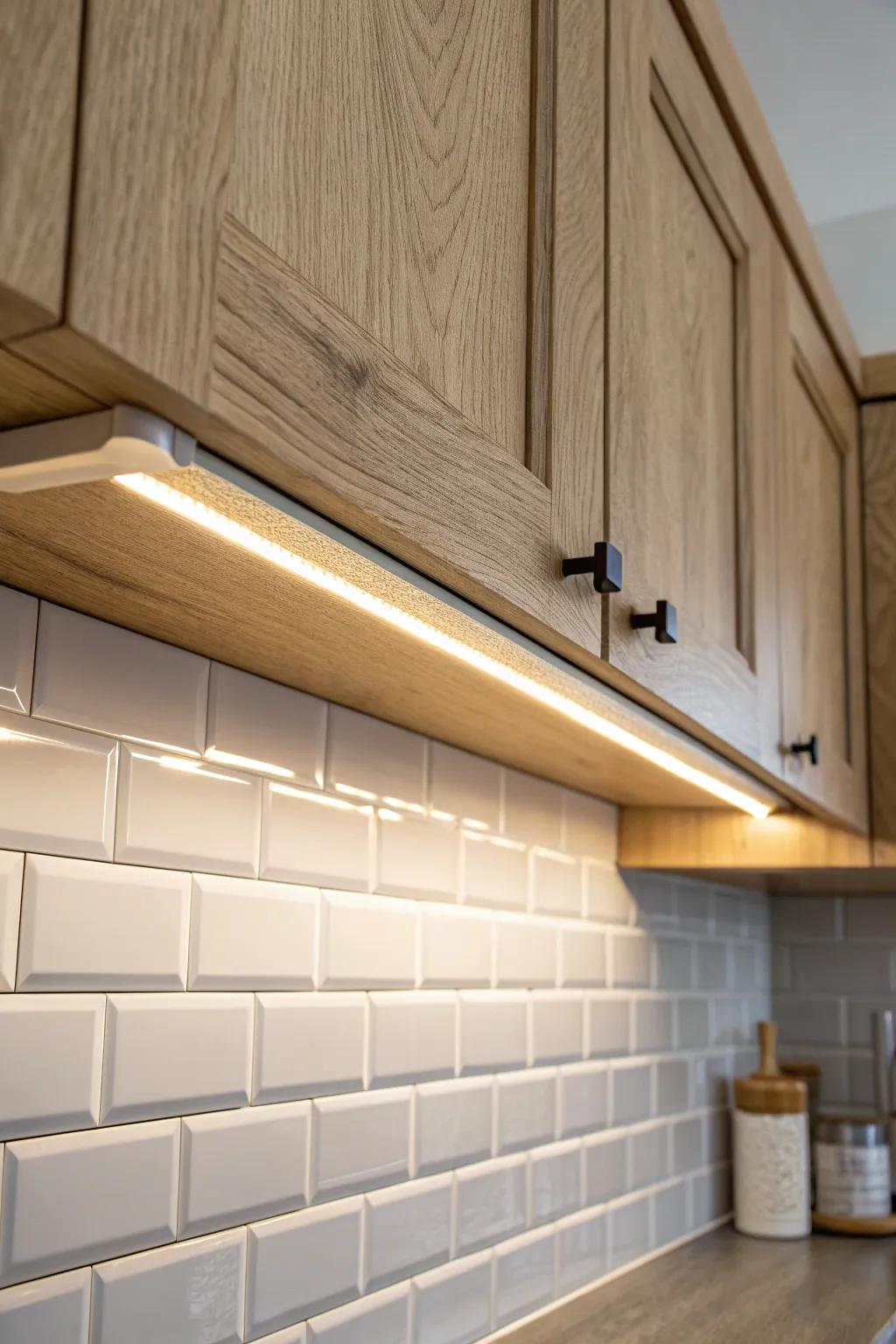 Angle under-cabinet LEDs toward the backsplash for a luxe wall-wash glow on simple tile.