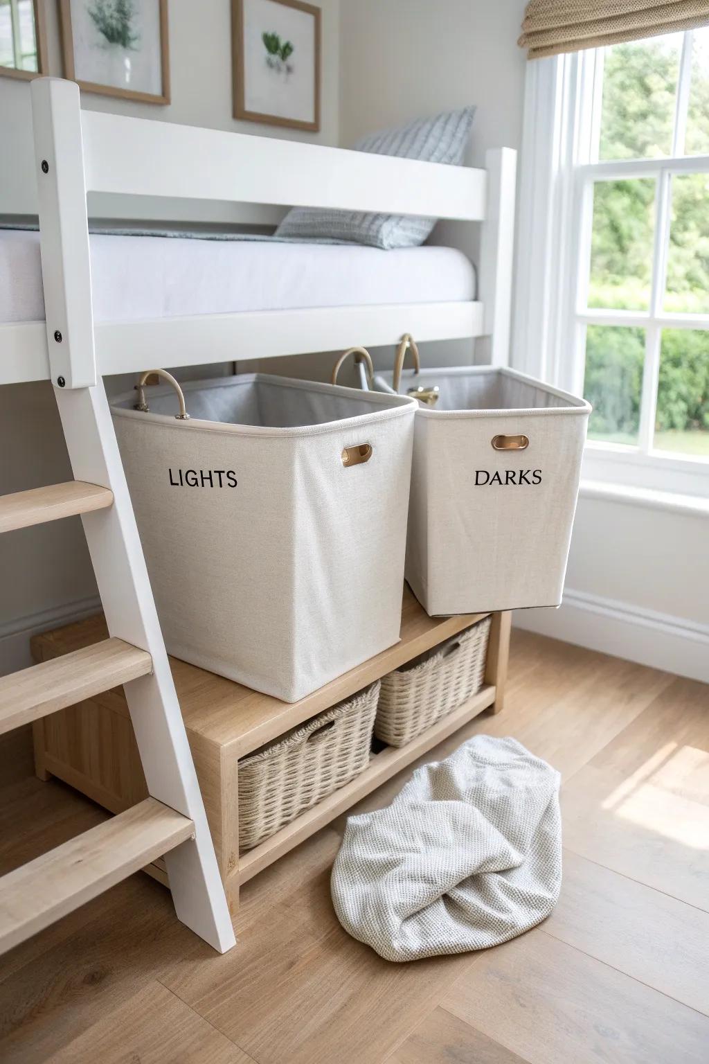 Slide-out hamper drawers under a loft bed keep sorting simple and laundry piles out of sight.