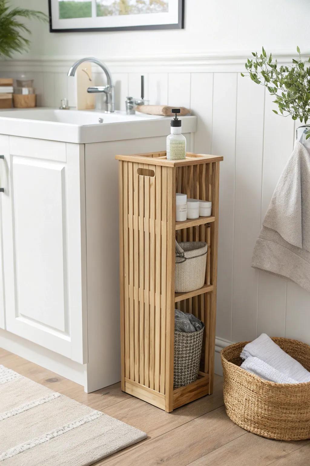 A skinny backup bin stored up high keeps under-sink space calm, clean, and clutter-free.