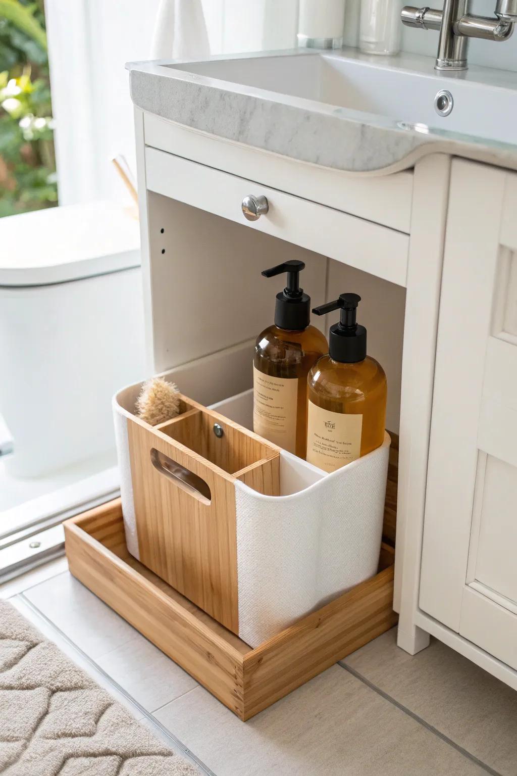 A divided caddy keeps tall toiletries upright under the sink—no more tipping or avalanches.