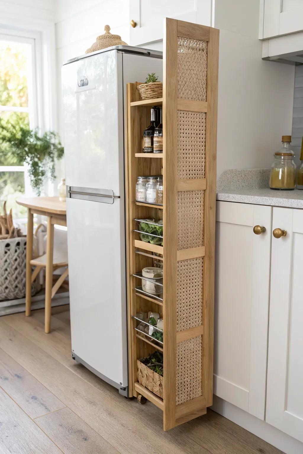 Turn the tiniest kitchen gap into a chic pull-out pantry for spices, oils, and snacks.