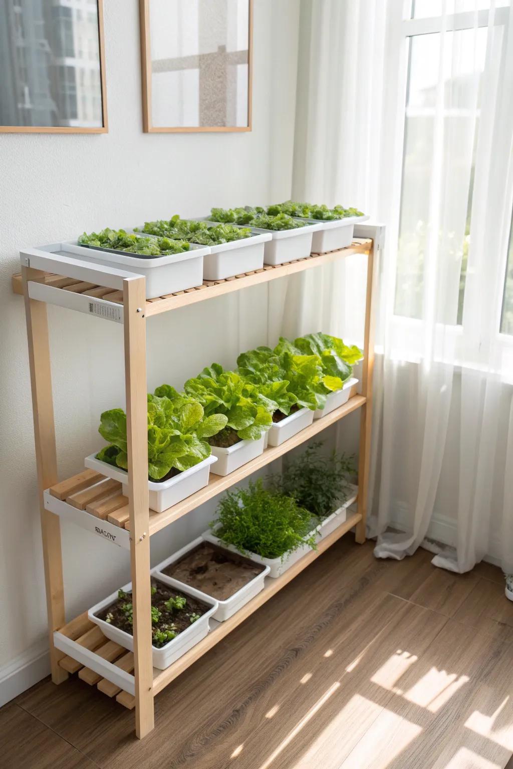 A sleek soil-free grow shelf that keeps apartment greens thriving—no heavy soil required.