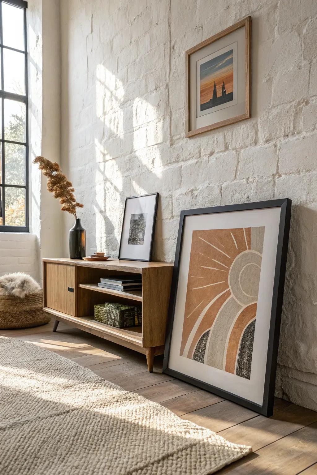 One oversized artwork makes a small urban living room feel curated, calm, and spacious.