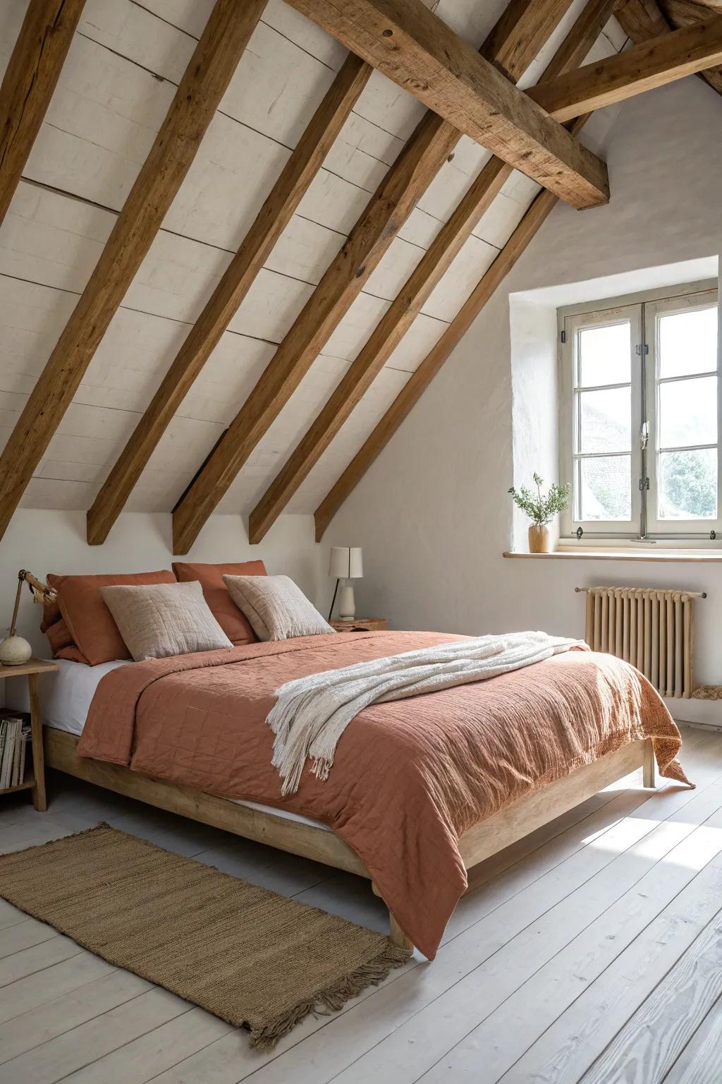 Let exposed beams shine—pair warm linen bedding with calm whites for instant attic charm.