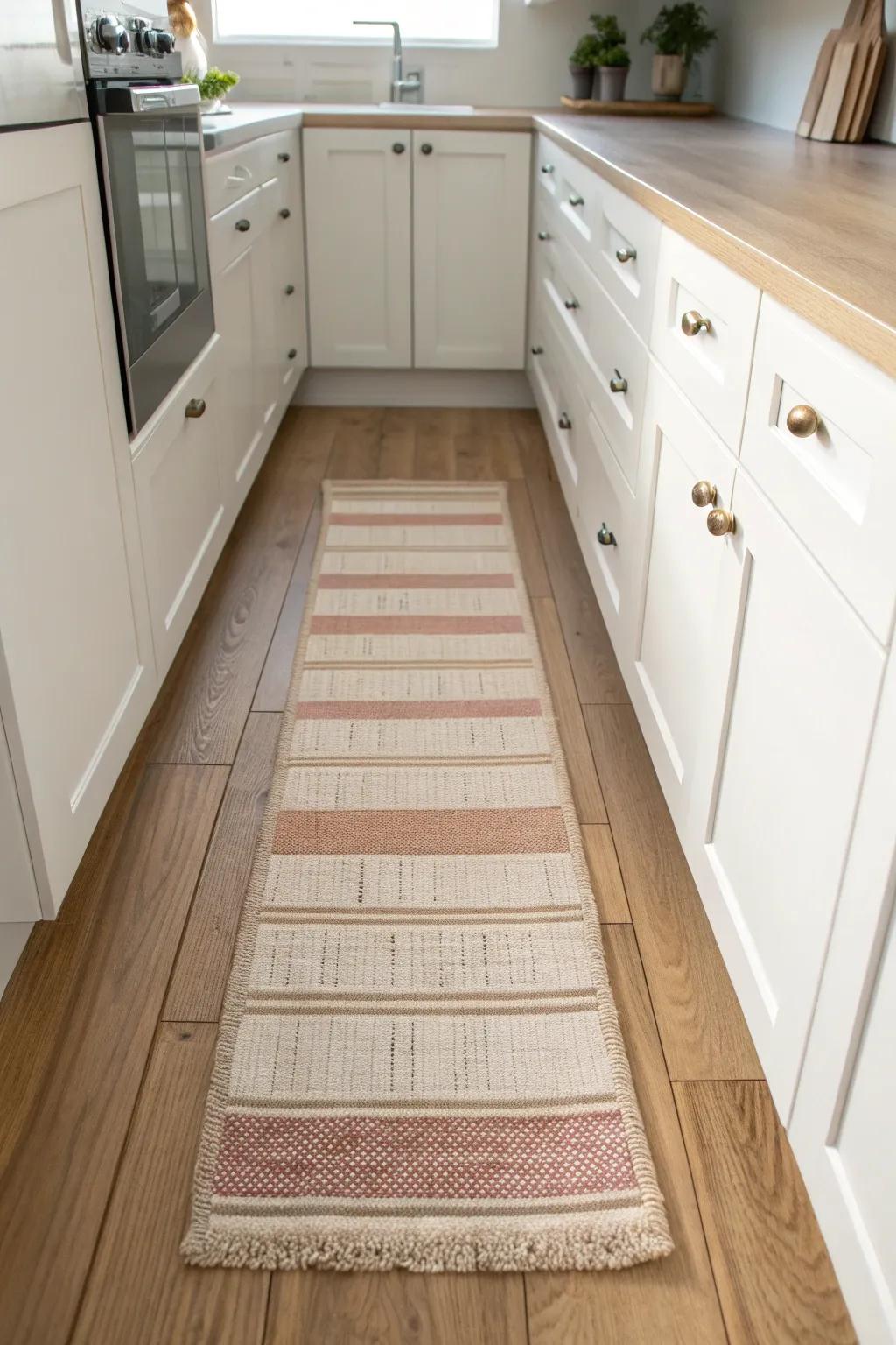 A flat-weave washable runner adds warmth to a tiny kitchen—cozy, slim, and budget-friendly.