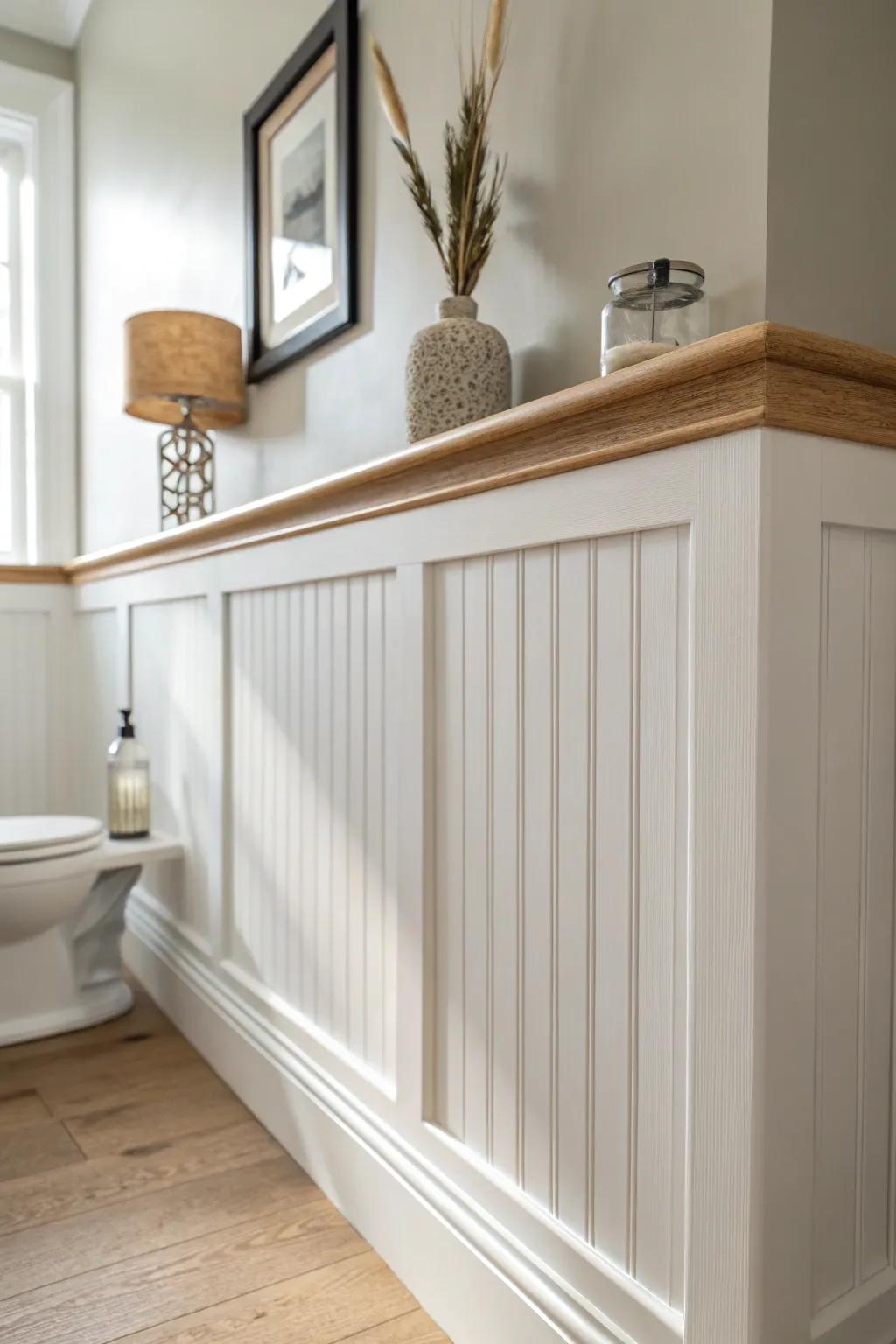 Crisp white wainscoting adds texture and polish—perfect for making a tiny half bath feel finished.