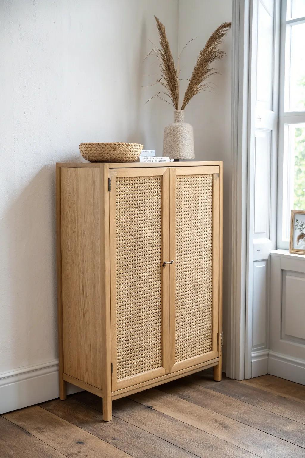 Closed-door cabinet keeps a tiny studio calm—hide cords and papers, style only the top.