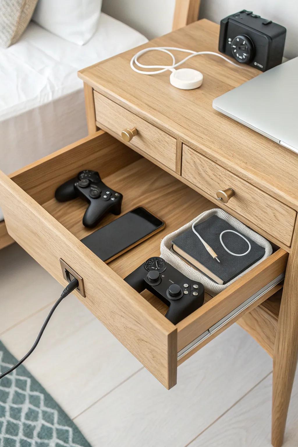 A hidden charging drawer keeps controllers powered up and cables out of sight—small-space calm.