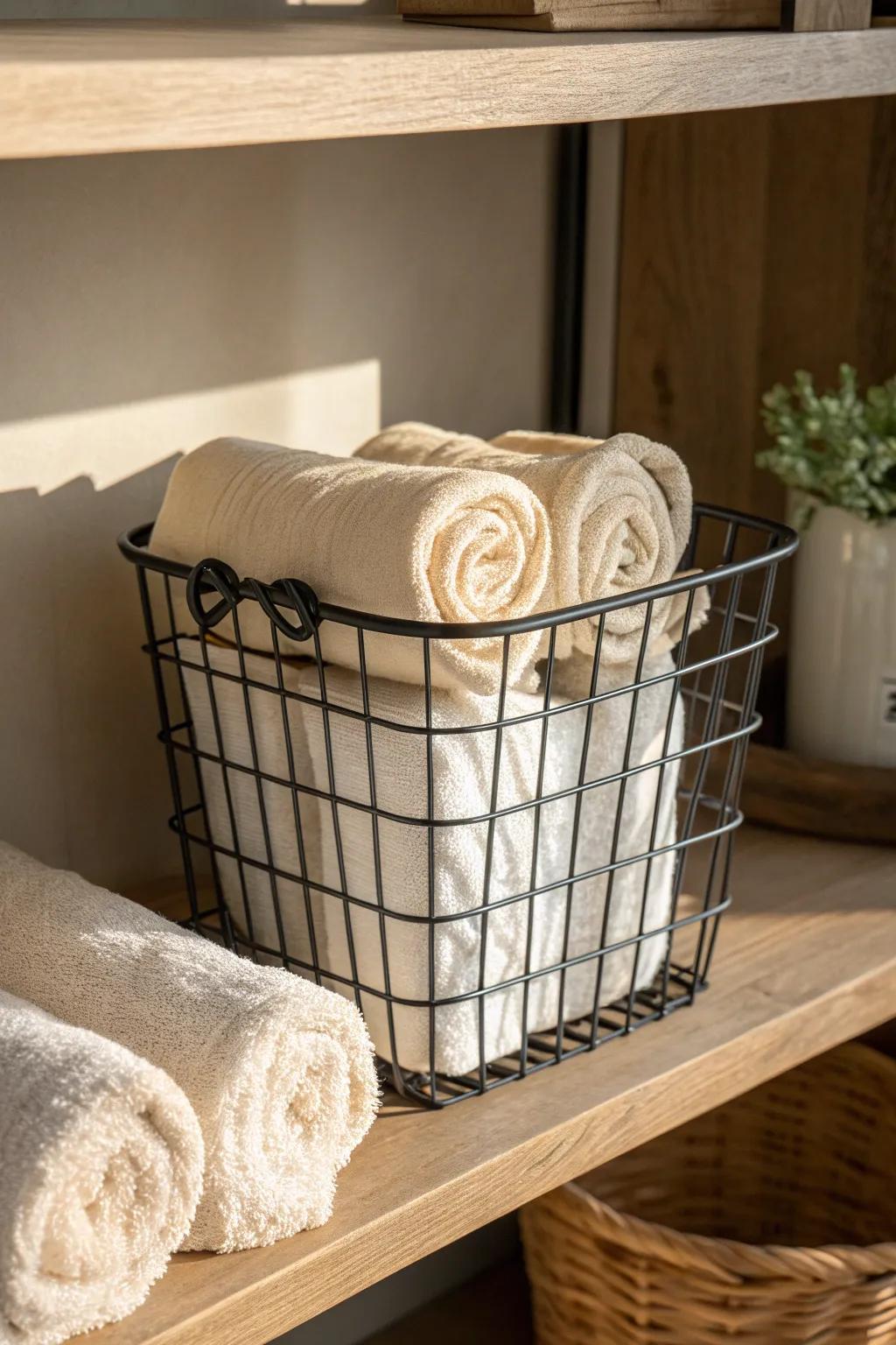 Vintage wire basket + neatly rolled linens: airy storage that looks calm in small spaces.