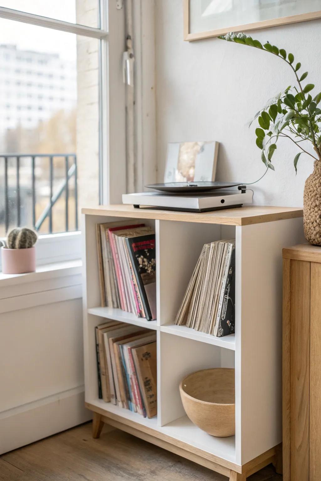 A shelf-within-a-shelf moment: face-out vinyls that feel curated, not cluttered.