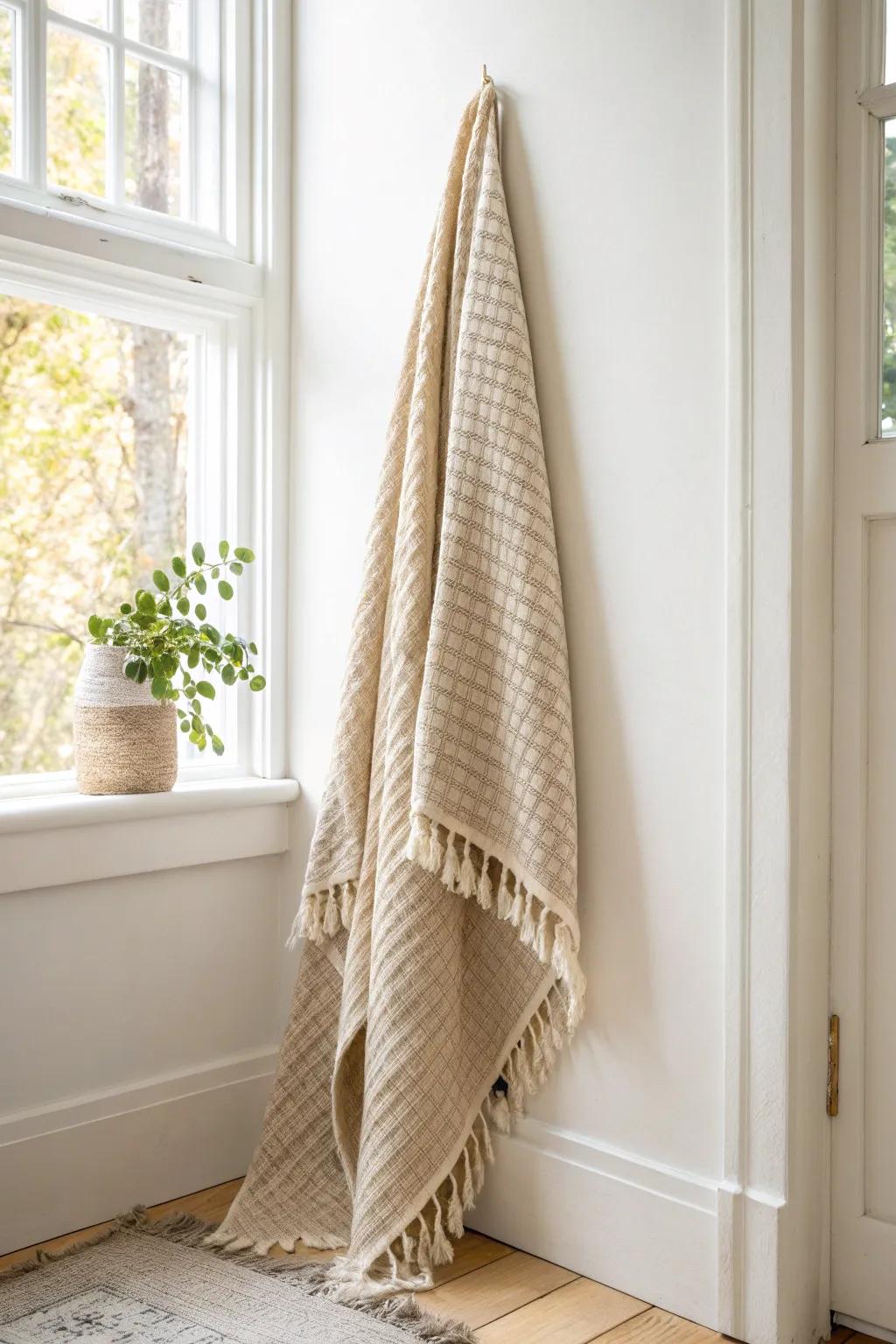 A textured textile drape softens a sharp corner—cozy, renter-friendly, and effortlessly chic.