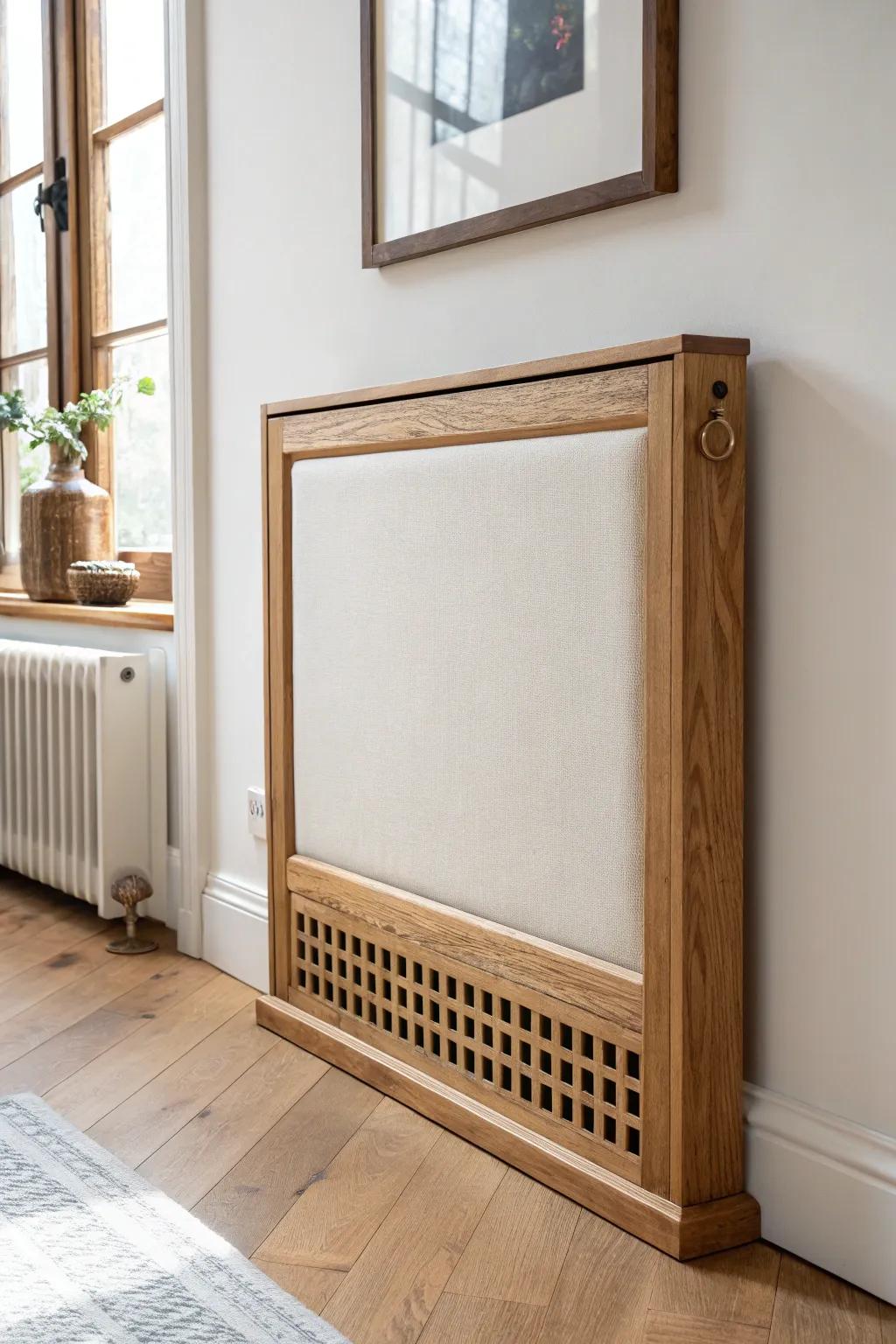 A hinged art-frame heater cover that stays vented—minimal, warm oak, and beautifully functional.