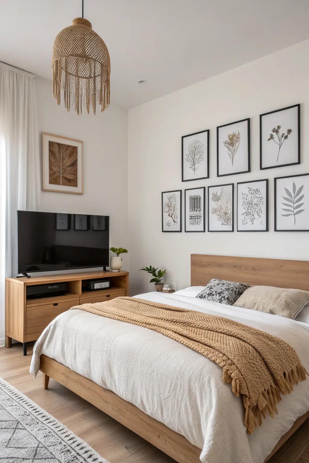 Turn a wall-mounted TV into decor by framing it with a calm, curated gallery wall.