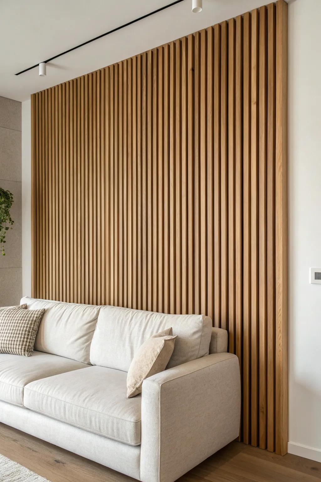Oak slat paneling behind the sofa creates a defined lounge zone without closing the space.