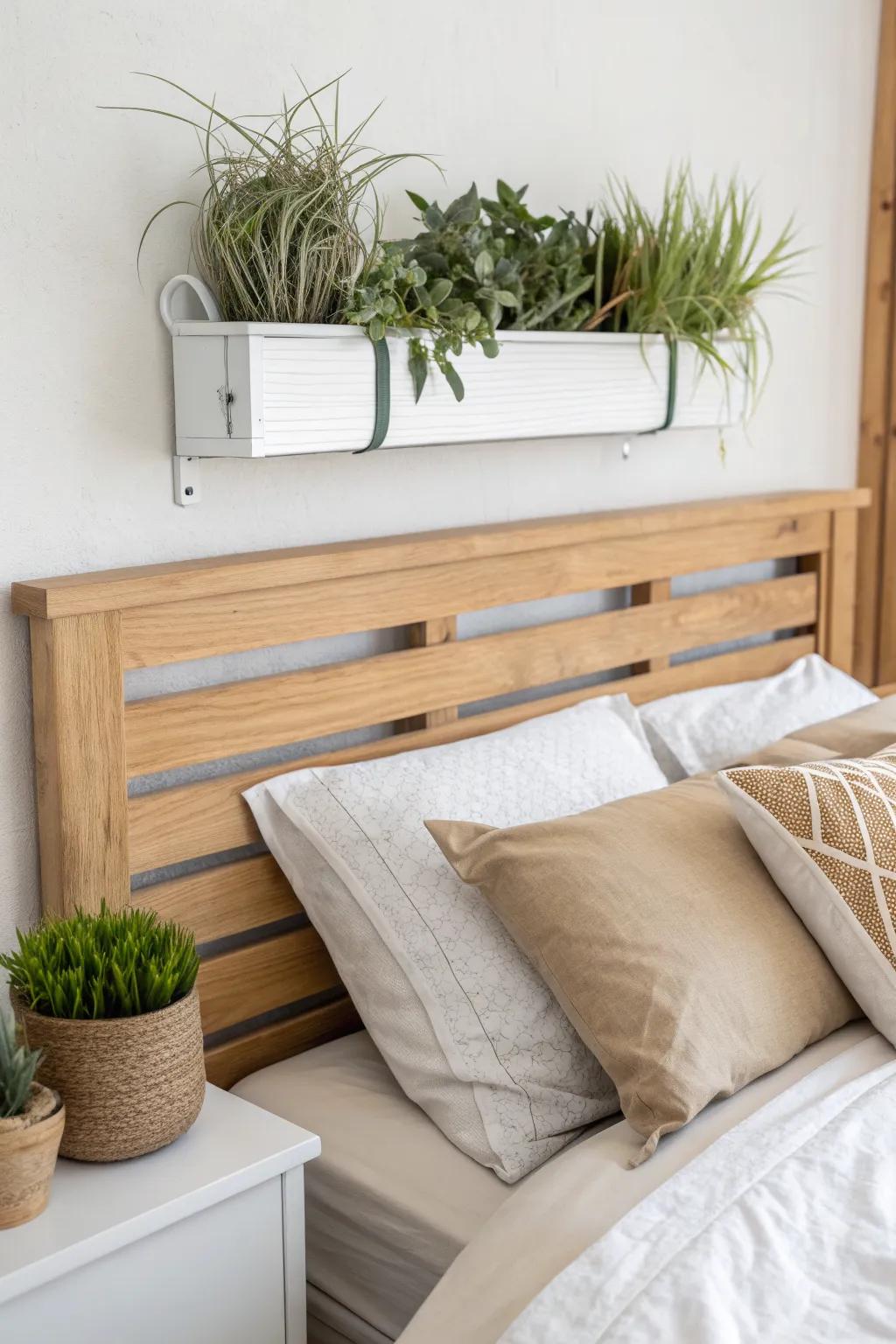 A slim wall planter above the bed adds lush green layers without taking any floor space.