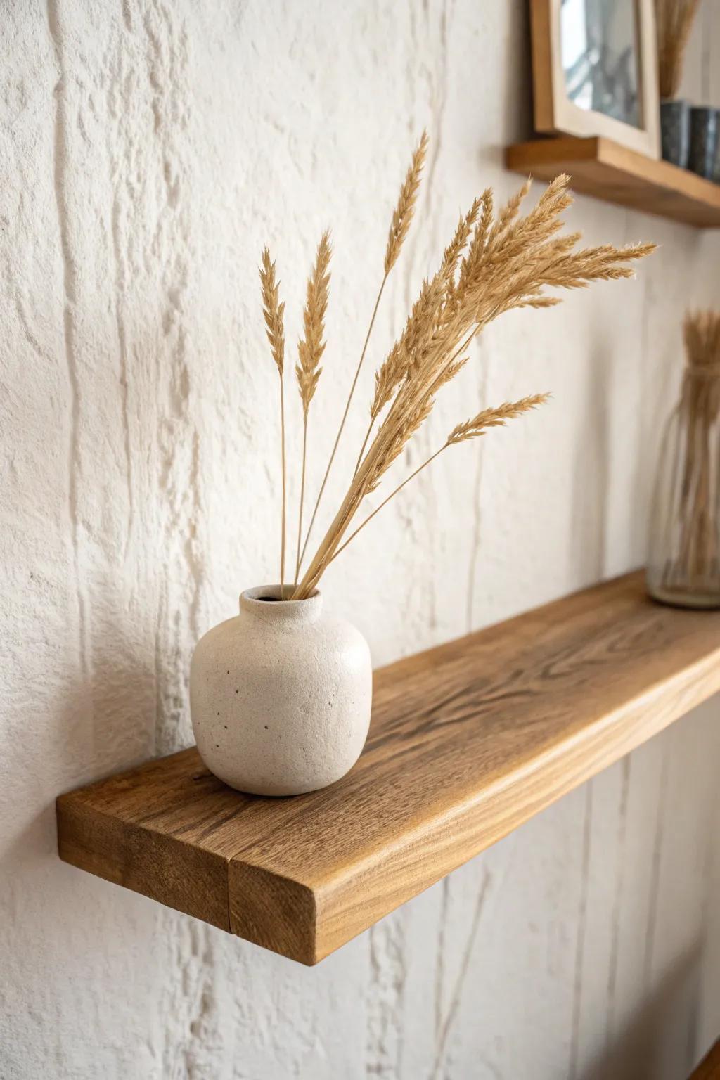 Keep the shelf neutral—swap in one seasonal stem vase for a quick, cozy refresh.