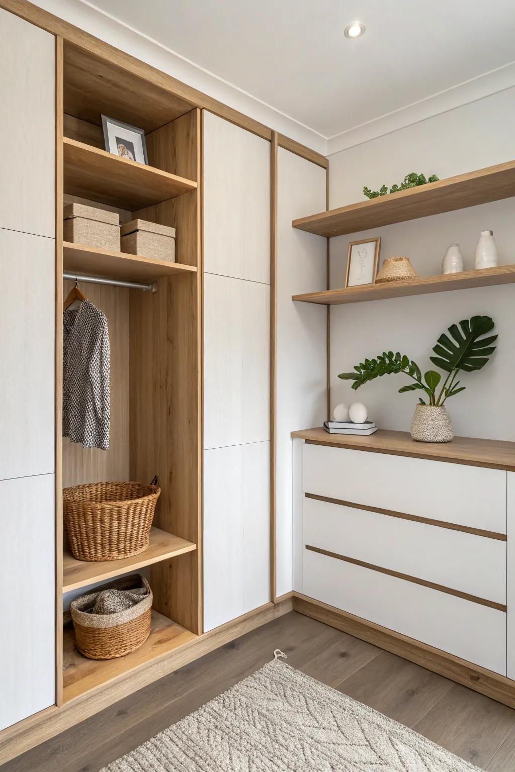Angled corner shelves turn the “lost” closet edge into easy-access, beautiful storage.