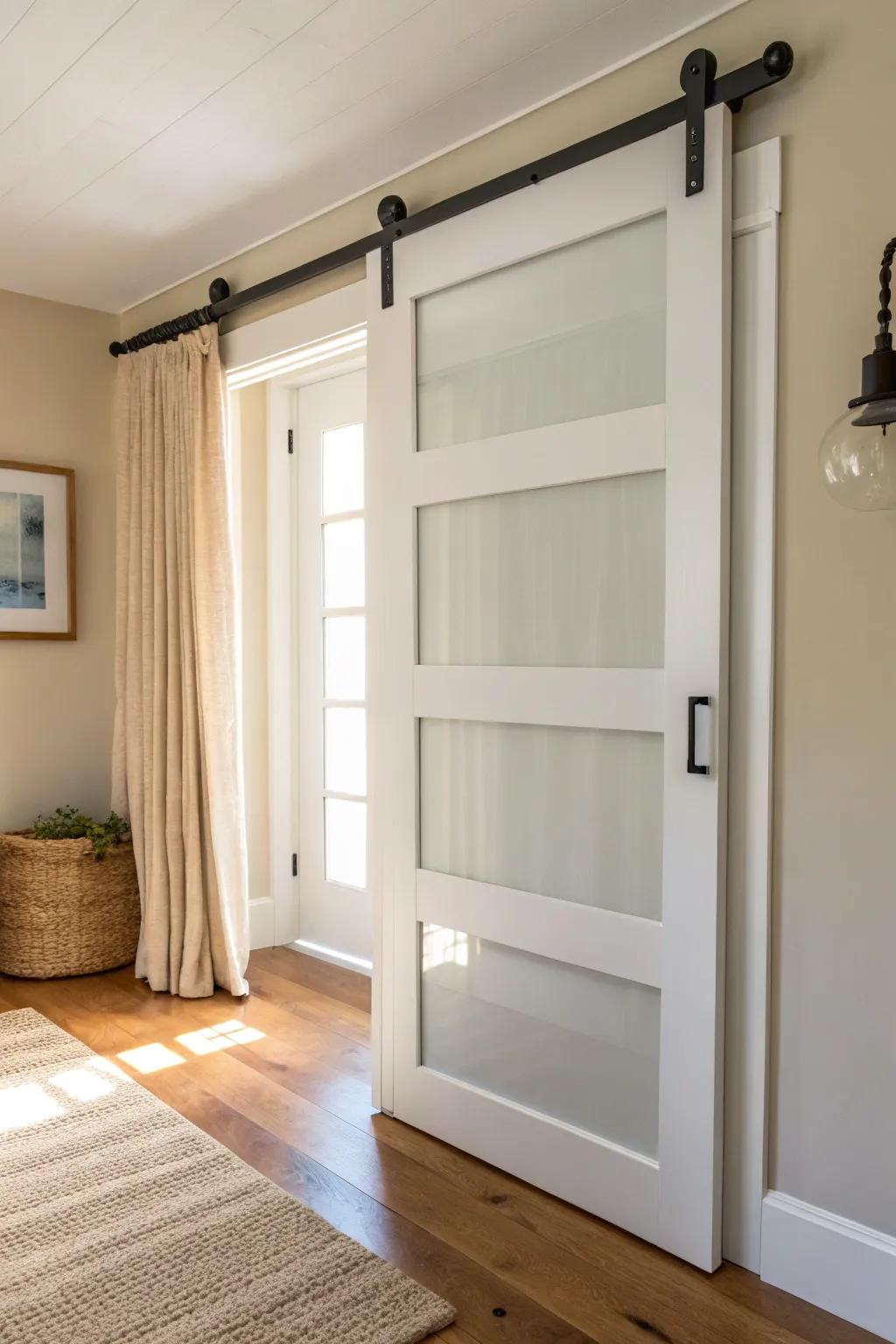 White barn door with frosted glass—bright, private, and perfectly minimal for small spaces.