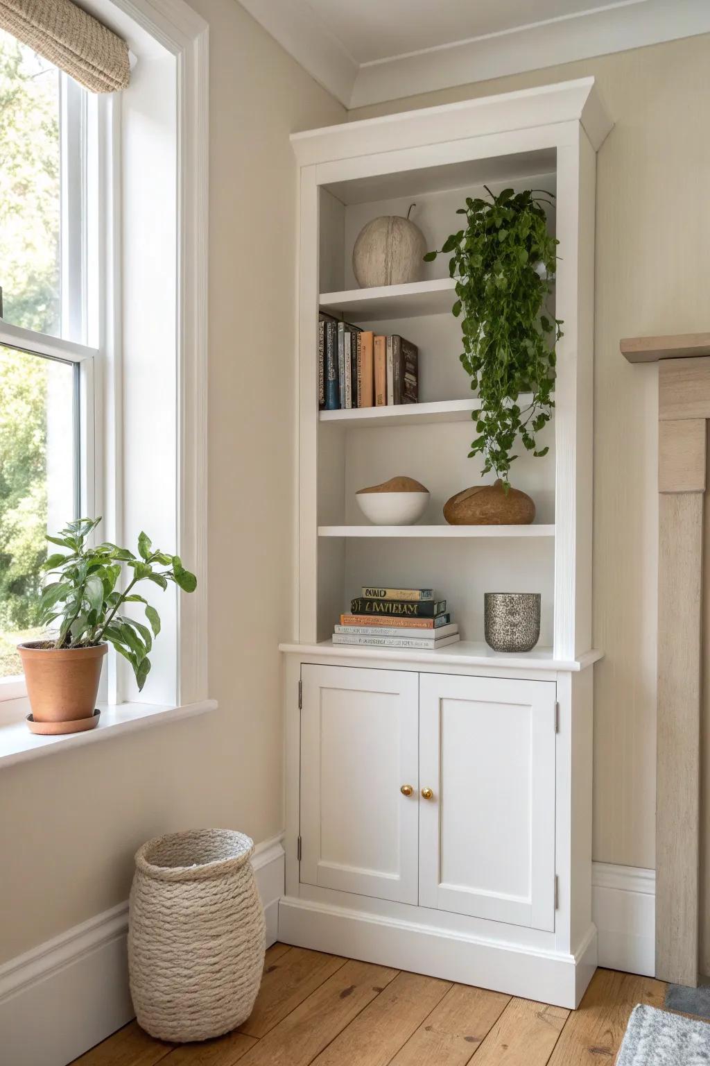 Turn an awkward wall niche into a custom look with crisp white shelves and simple styling.