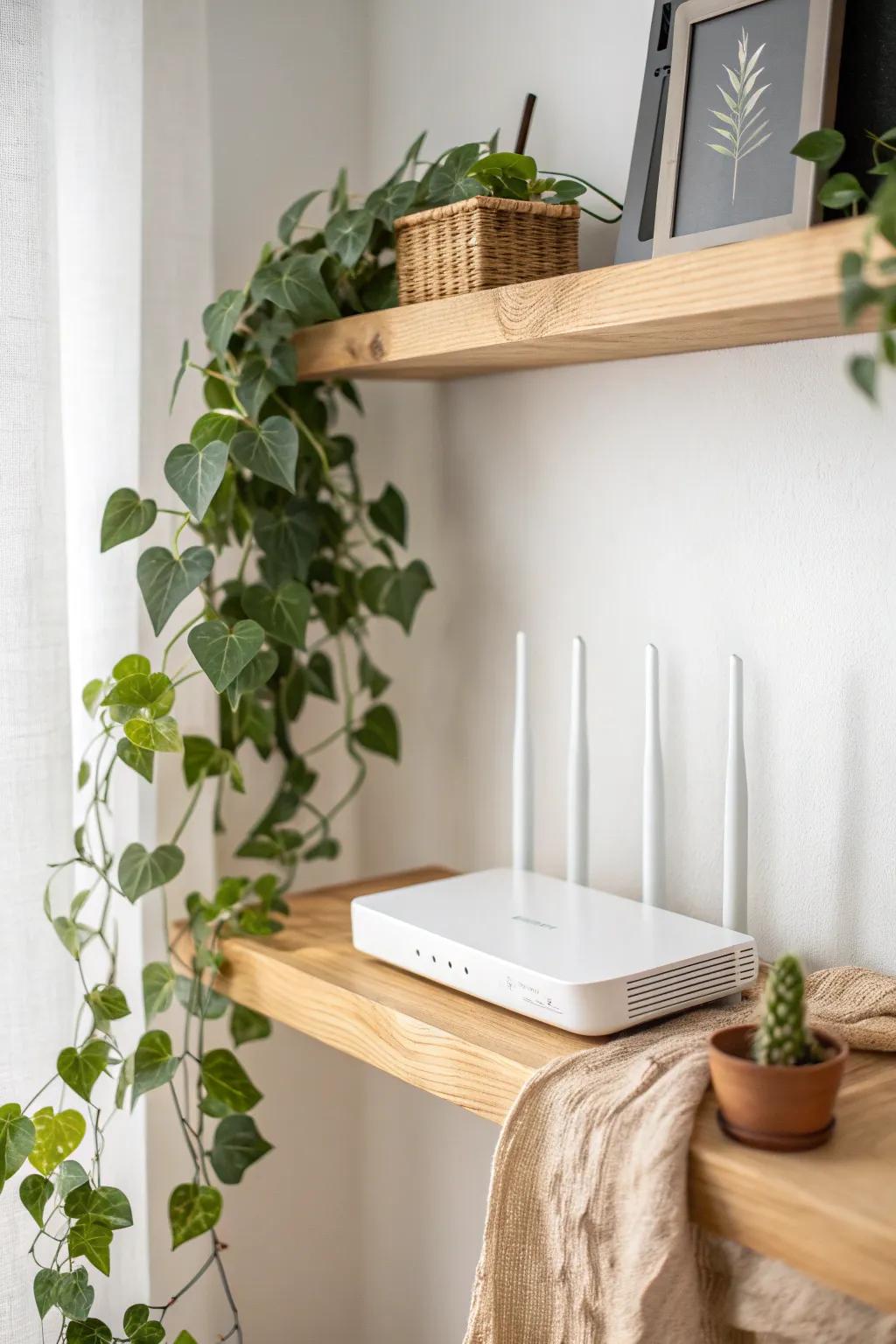 Hide your router beautifully—oak shelf + trailing greenery for a clean, cozy small-space look.