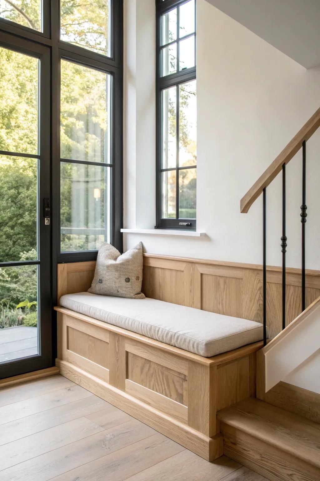 A stair-landing window bench nook that turns an in-between space into a cozy destination.