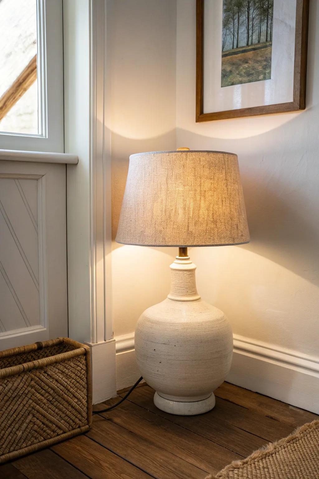 A warm corner lamp adds soft edge lighting—making a windowless room feel wider instantly.
