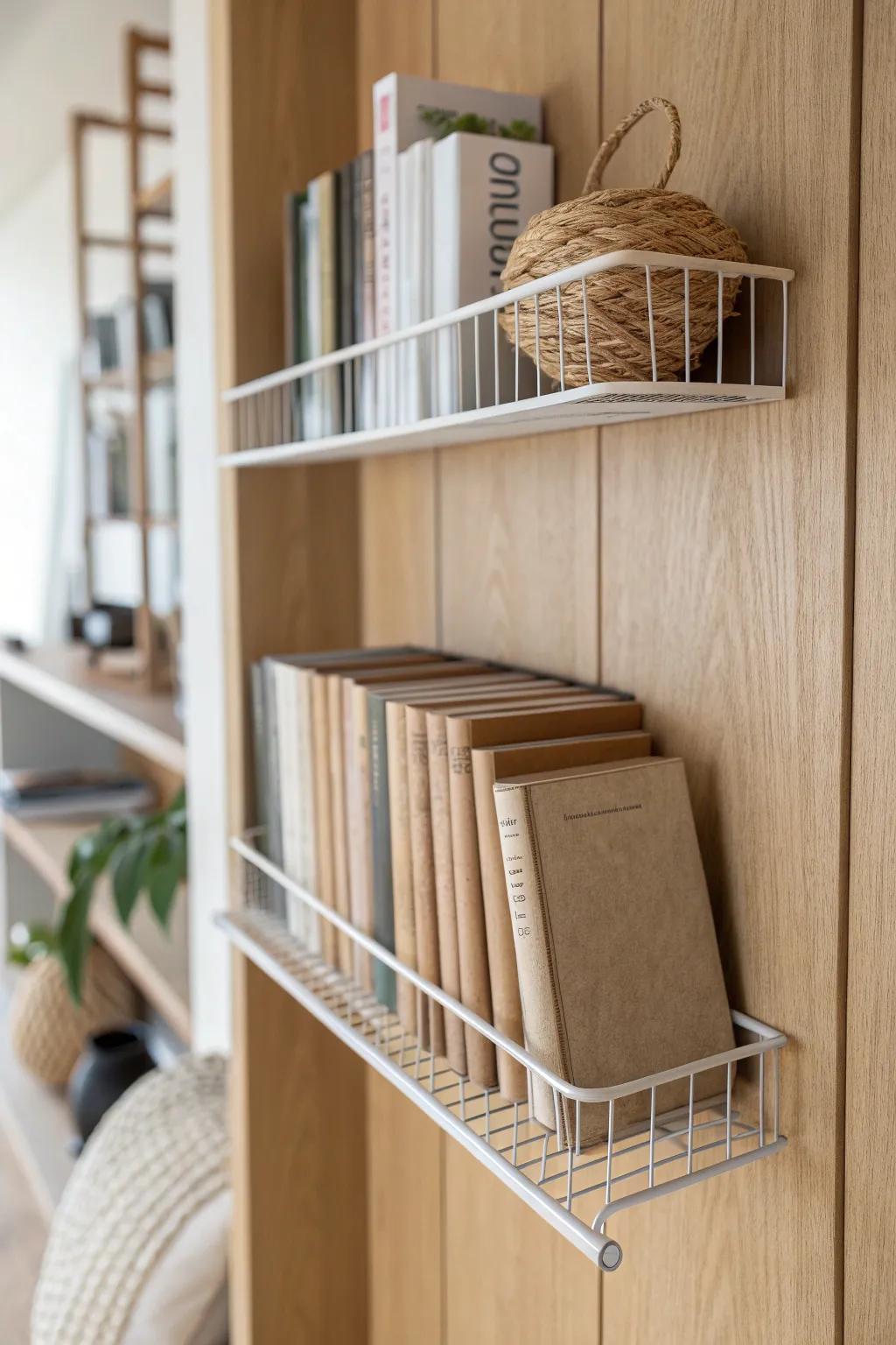 Hide “not-pretty” reference books on a clean closet wire shelf—minimal, tidy, accessible.