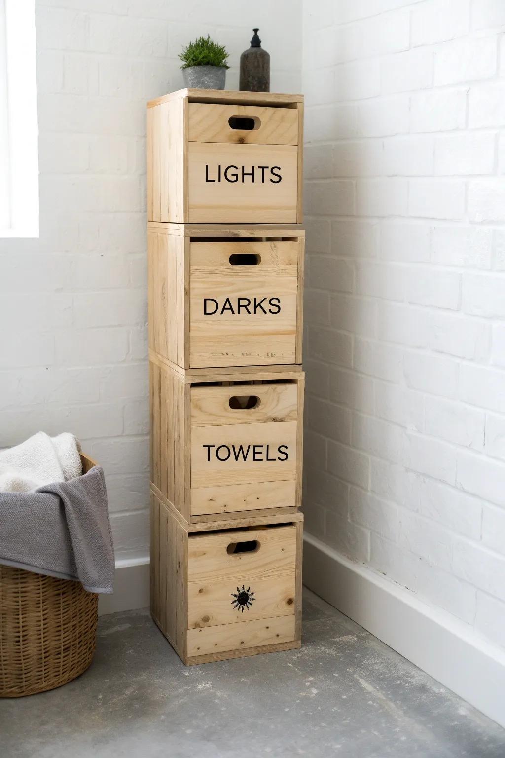 Crate-cube laundry sorter: three labeled bins that keep lights, darks & towels tidy.