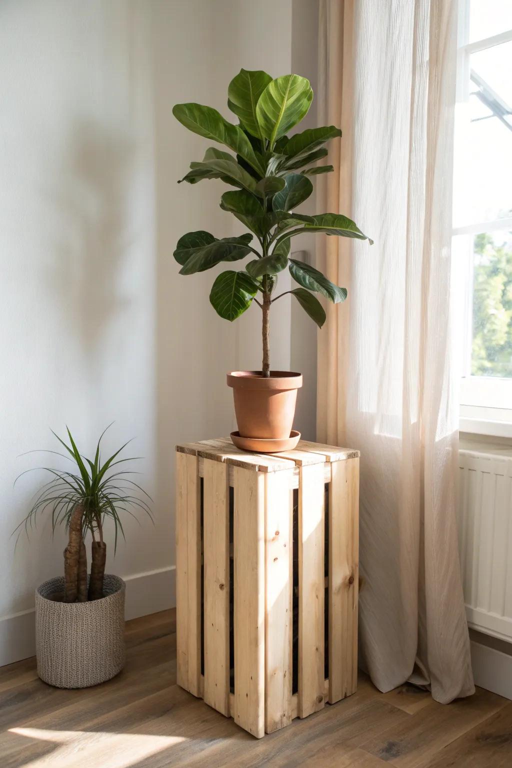 A simple wooden crate pedestal lifts one tall plant to eye level—instant cozy layers.