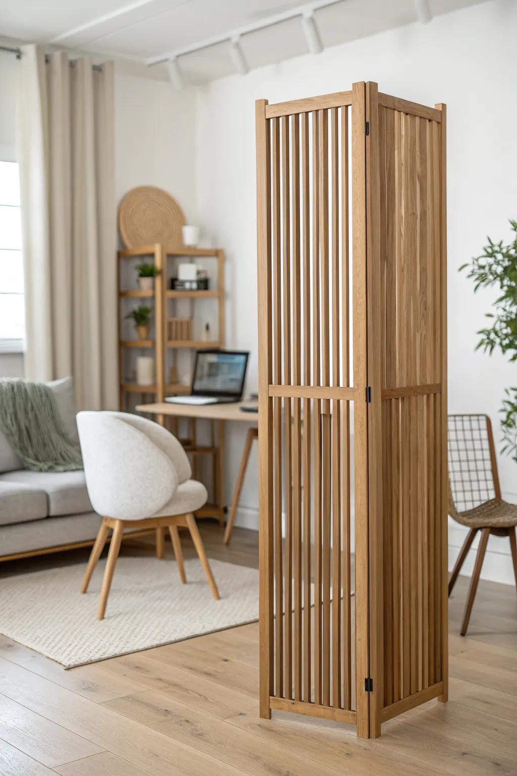 A slim oak slat divider that instantly separates a cozy home office nook from the living room.
