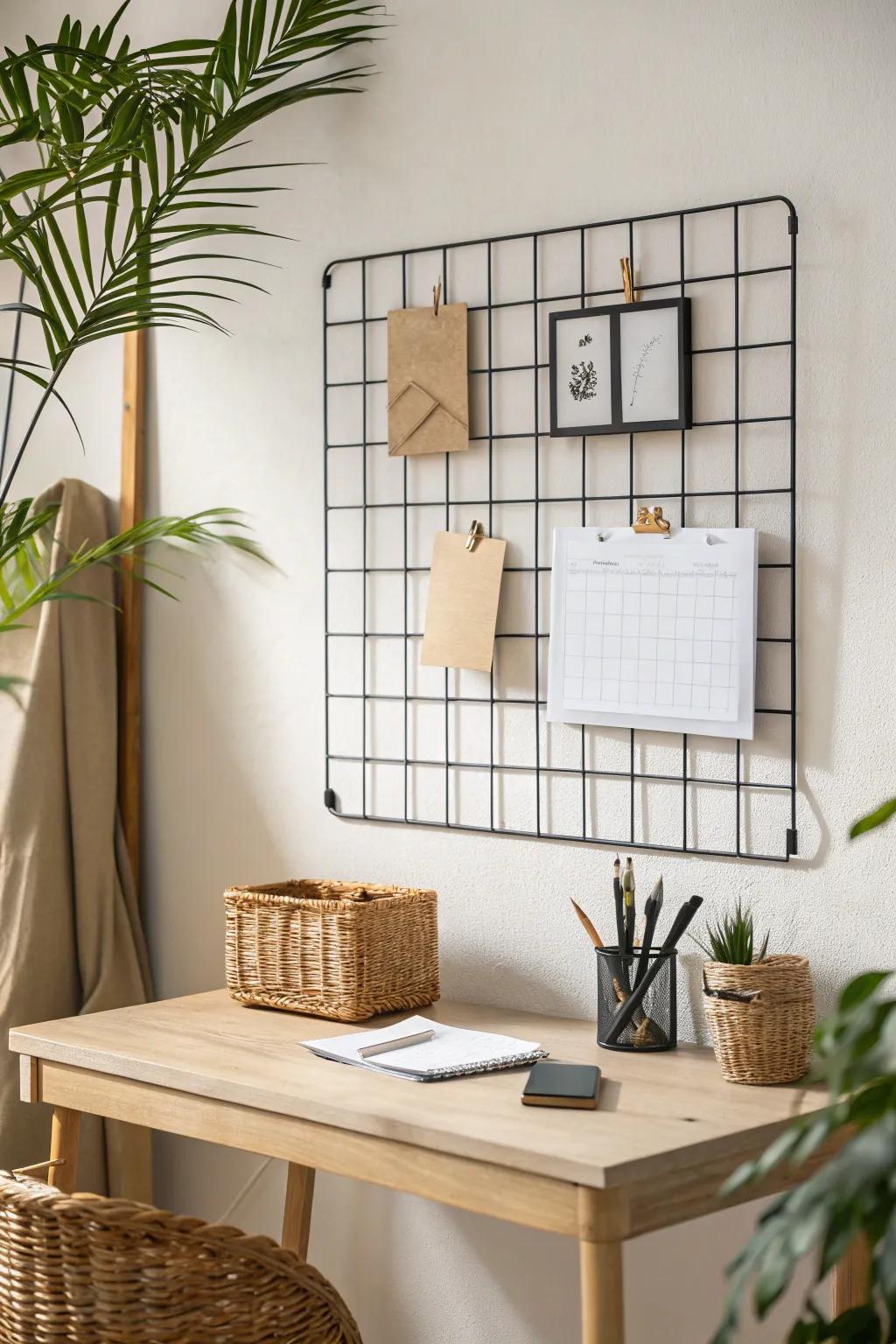 A wall grid turns blank space into vertical storage—notes and tools neatly off your desk.