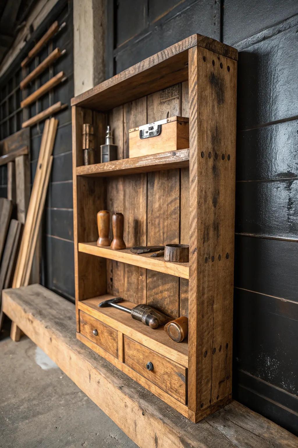 Elevate your workshop with rustic charm: Reclaimed wood storage solutions blend sustainability with style.